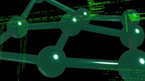 Camera sweeping, green lattice rotating, nodes glowing and code scrolling, Stock Footage 329505037