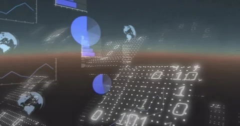 Camera sweeping, hologram data charts emerging and rotating, displaying binary Stock Footage 328685486