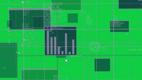 Camera sweeping HUD panels, code scrolling, marks aligning to highlight bars on Stock Footage 340269420