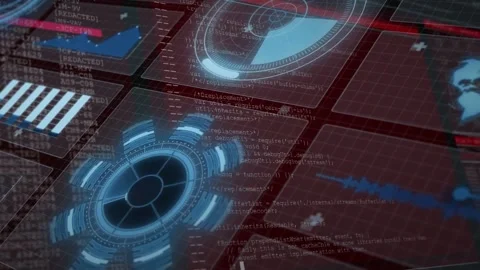 Camera sweeping revealing blue HUD array red glow rising code fading in rings Stock Footage 332577573