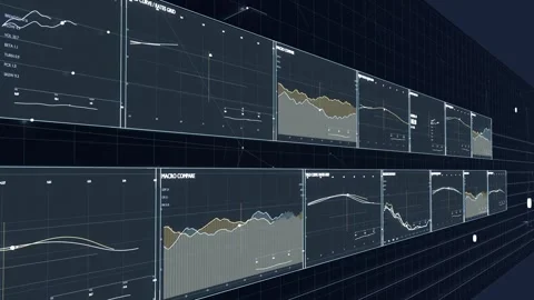 Camera sweeping right along grid wall, revealing two-row data panels, showing Stock Footage 337505057