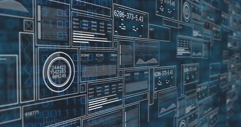 Camera sweeping right, data wall populating tiles while gauges updating to Stock Footage 329122633