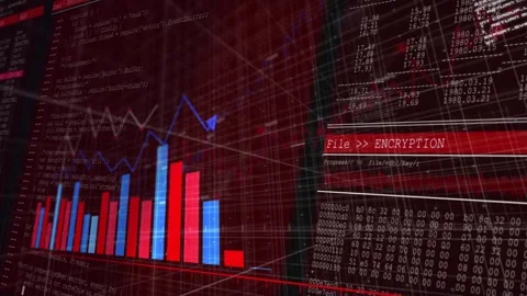 Camera sweeping rightward, tech dashboard animating bars and lines, monitoring Stock Footage 332469099