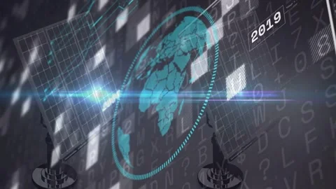 Camera sweeping, teal globe rotating, dotted ring expanding and year labels Stock Footage 331833498