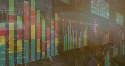 Camera sweeping transparent display, bars rising, lines tracing, tickers Stock Photos