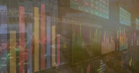 Camera sweeping transparent display, bars rising, lines tracing, tickers Stock Photos