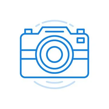 Camera symbol vector line icon. Equipment quality photos with flash and sce.. Stock Illustration