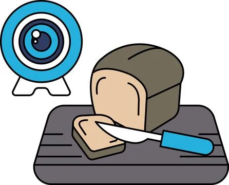 A camera is on a table next to a loaf of bread and a knife Stock Illustration
