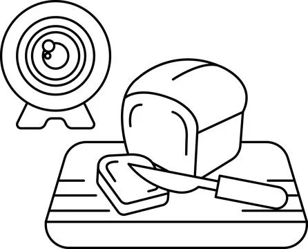 A camera is on a table next to a loaf of bread and a knife Stock Illustration