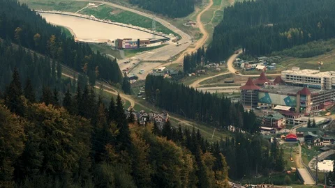 Camera takes panoramic view of Carpathian mountain range Stock Footage 111871028