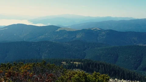 Camera takes panoramic view from peak of Carpathian mountain range Stock Footage 110807603