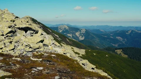 Camera takes panoramic view from peak of Carpathian mountain range Stock Footage 110808426
