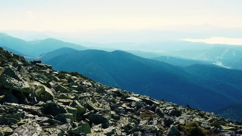 Camera takes panoramic view from peak of Carpathian mountain range. Stock-Footage 110808556