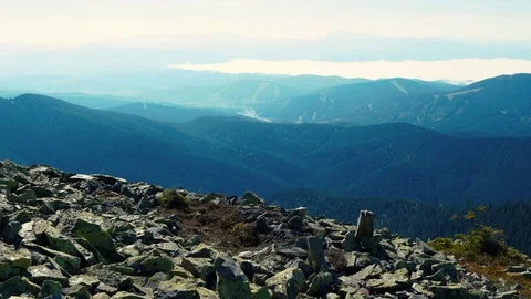 Camera takes panoramic view from peak of Carpathian mountain range. Stock Footage 110808719