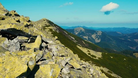 Camera takes panoramic view from peak of Carpathian mountain range Stock Footage 111869042