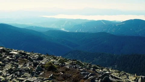 Camera takes panoramic view from peak of Carpathian mountain range. Stock Footage 111869114