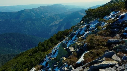 Camera takes panoramic view from peak of Carpathian mountain range Stock Footage 111869140