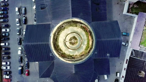 The camera takes off vertically above the gilded dome of the cathedral with a Video stock 136735393