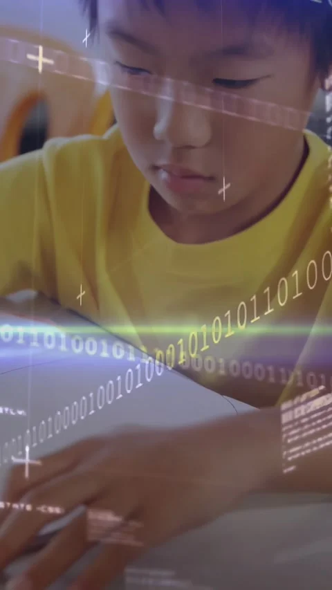 Camera tight on pencil revealing boy in yellow tee drawing spiral, animated Stock Footage 331270890