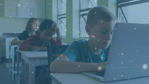 Camera tightening front student typing on laptop in lesson digital overlay Stock Footage 331214011
