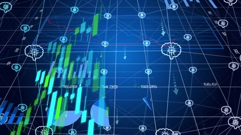 On camera tilt, 3D dashboard evolving on grid, candles rising, nodes pulsing for Stock Footage 334884240