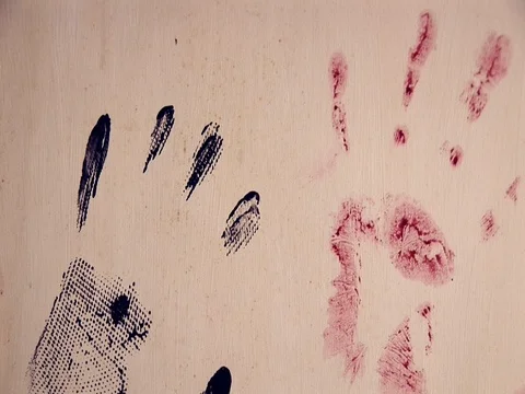 Camera tilt up to bloody hand prints. Stock Footage 79907797