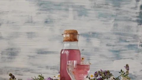 Camera tilt down to a homemade wild herbal syrup in a glass bottle with fre.. 스톡 동영상 344322532