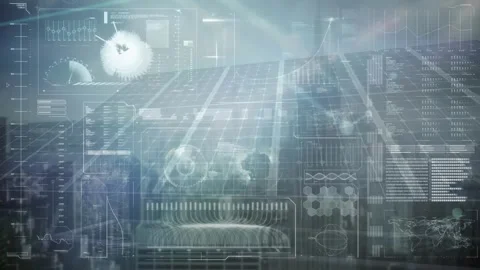 Camera tilt initiating solar panel array moving centerward, HUD gauges pulsing, Stock Footage 326975069