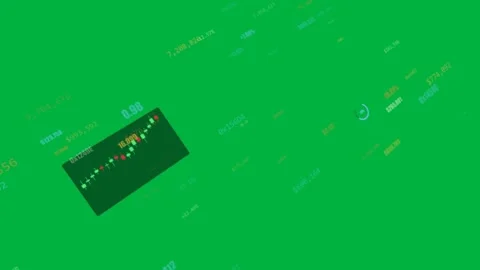 Camera tilt starting data cloud rotating candles and gauge showing market rise Stock Footage 329532267