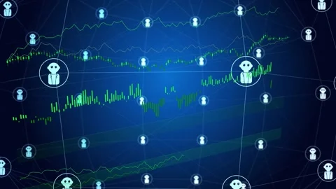 Camera tilting, central circled node glowing while green charts drawing, Stock Footage 335317436