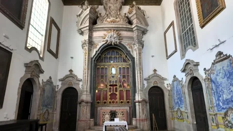 Camera tilting from the checkered floor and altar up to the ornate painted .. Video stock 333602500
