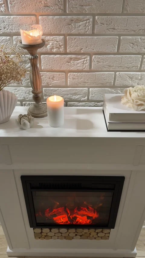 Camera tilting down from candles to glowing electric fireplace on mantel Video stock 346084441
