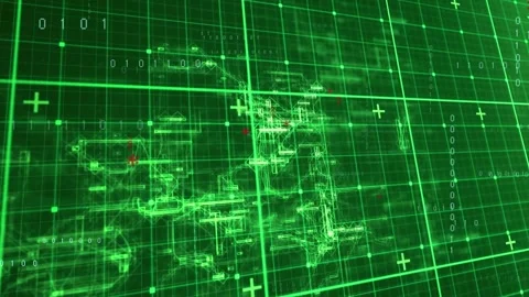 Camera tilting, neon grid and wireframes shifting, red dots pulsing, binary Stock Footage 328395999