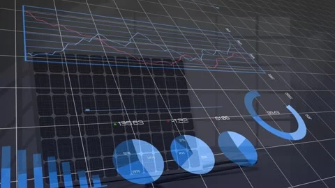 Camera tilting revealing 3D grid overlay animating bars, rotating donut, lines Video stock 331126205