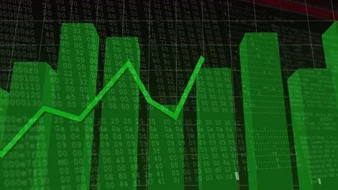 Camera tilting revealing green 3D bars, bright polyline tracing peaks, matrix Stock Footage 332666884
