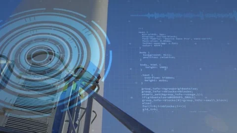Camera tilting up revealing tech climbing ladder, inspecting blade with tablet, Stock Footage 333154063