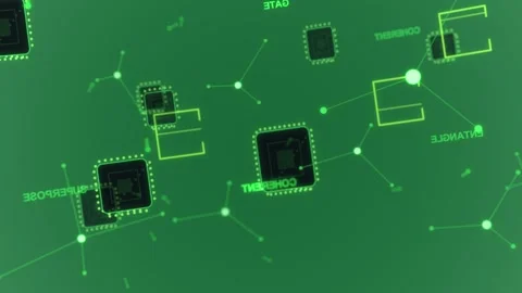 Camera tilting showing chips spinning, nodes pulsing, view zooming showing map Video stock 329503381