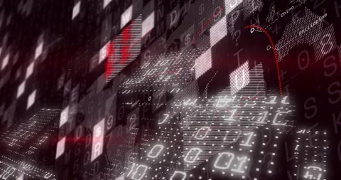 Camera tilting starting 3D data-tile wall lighting, shifting view, revealing Video stock 329533589