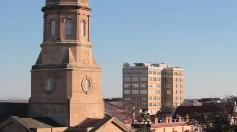 Camera Tilts Up to Church Steeple Stock Footage 45561172