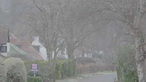 The camera tilts down as snow falls to the ground during Storm Darcy. Stock Footage 148688951