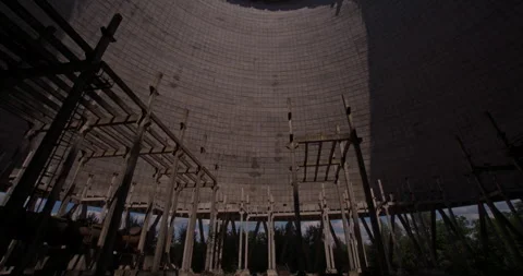Camera Tilts Up Inside Unfinished Chernobyl Cooling Tower Stock Footage 346399693