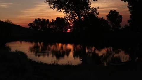 Camera Tilts Up on Sunrise over a small pond in silhouette with shallow DOF Stock Footage 201184127