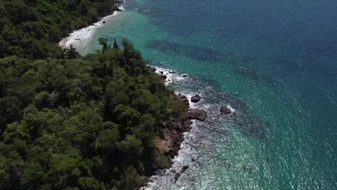 The camera tilts upward, showcasing a lush, forested coast that merges Vidéo 282894526