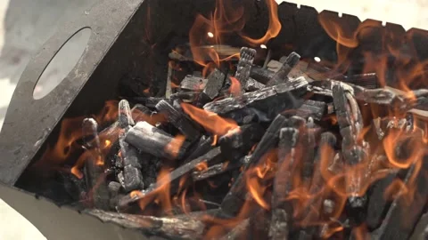 Camera from the top point takes a barbecue with burning coals and beautiful Stock Footage 128799735