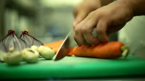 Camera Track Past Chef Preparing Vegetables Stock Footage 44085076