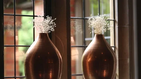 Camera Track Towards Flower Vases on Windowsill Stock Footage 44085365