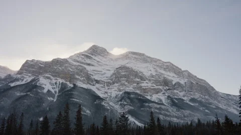 Camera Tracking Across with Forest Below with Snowy Mountains in the Back 4K Stock Footage 263280653