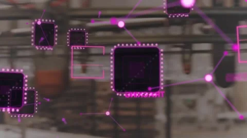 Camera tracking along rail, conveyor hooks receiving magenta AR nodes, enabling Stockbeeldmateriaal 330934150