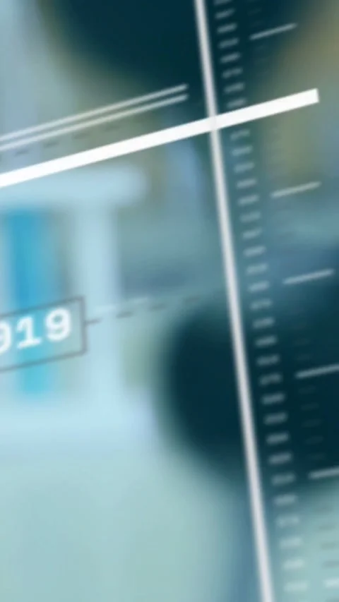 Camera tracking down, model shifting to reveal test tubes, overlays sliding Stock Footage 334187257