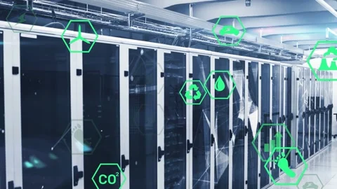 Camera tracking glass server racks along data center aisle, monitoring system Stock Footage 332867062